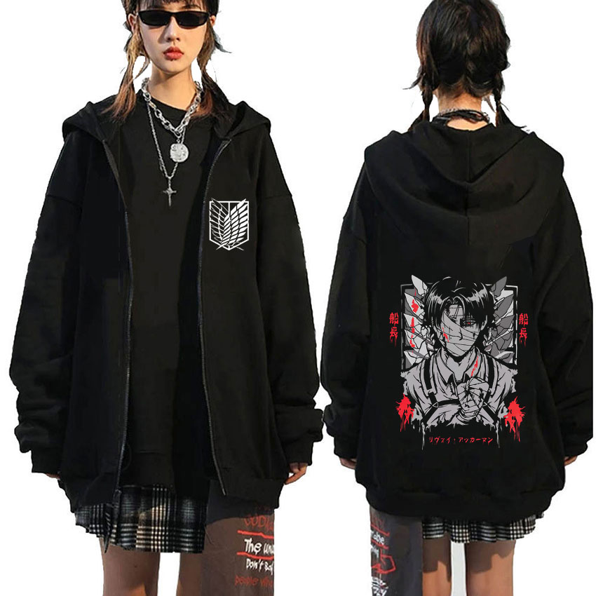 Anime Merch Hoodie - เสื้อฮู้ดซิปพิมพ์ลายหน้าตัวละครลีวาย แอคเคอร์แมน จากอนิเมะ Attack on Titan